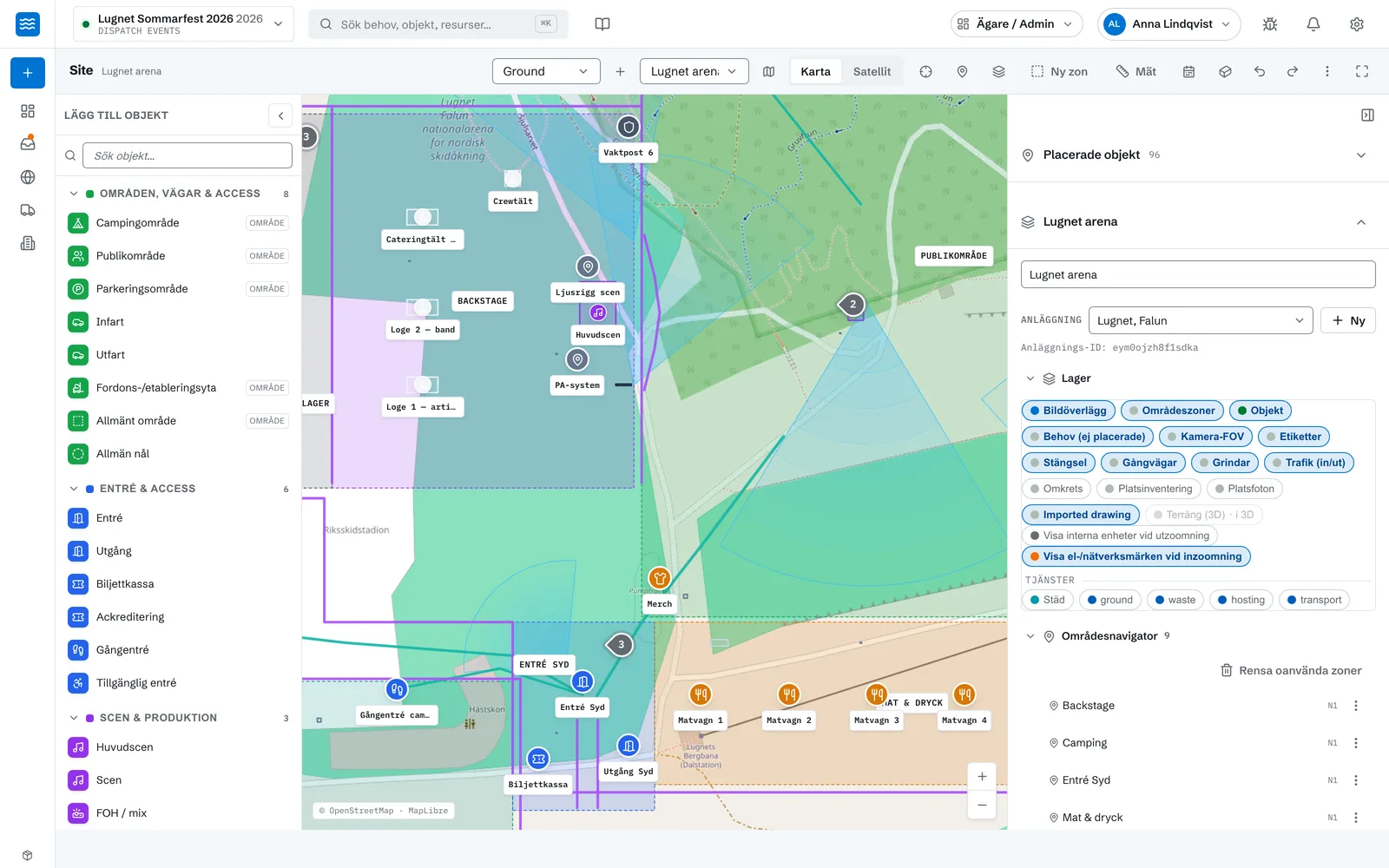 Flow platskarta med områden, staket, gångvägar, objekt och kamerornas synfält