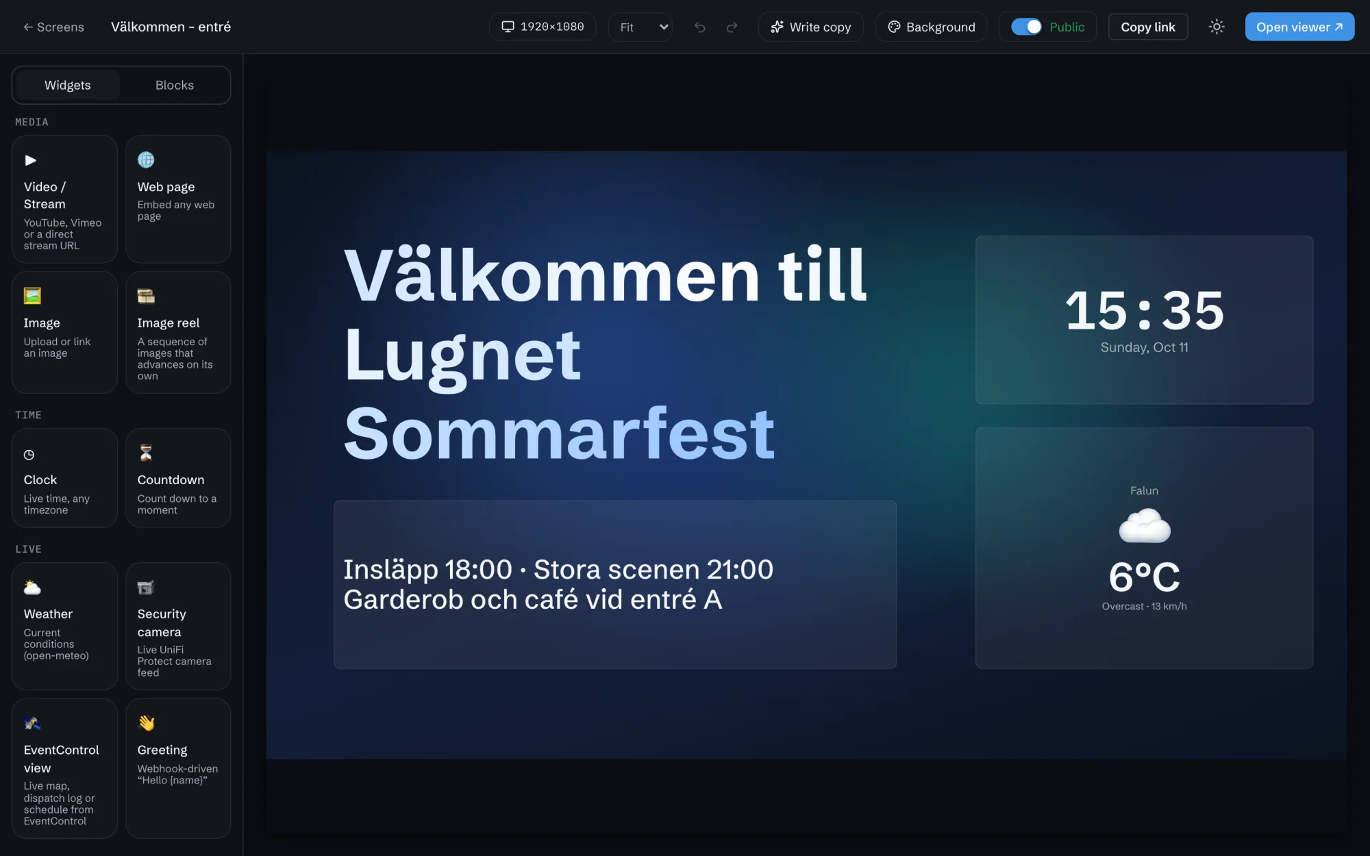 Screens editor med rutor för text, bild, video, klocka, väder, kamera och EventControl-vyer